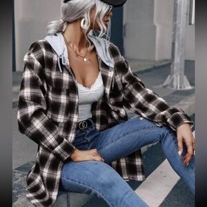 Plaid button front drawstring hooded blouse